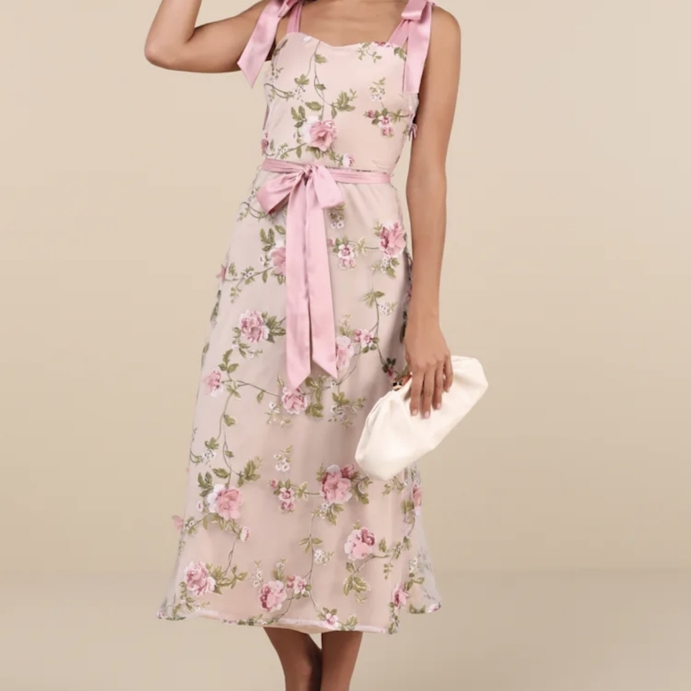 Lulu's Blush Floral Embroidered Midi Dress